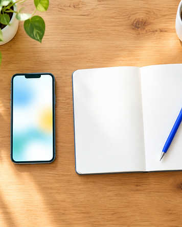 Escritorio con teléfono y cuaderno para usar prompts de IA