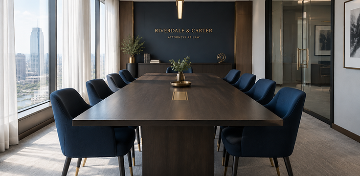 A meeting room at the firm's offices: a long table, navy chairs and daylight through tall windows