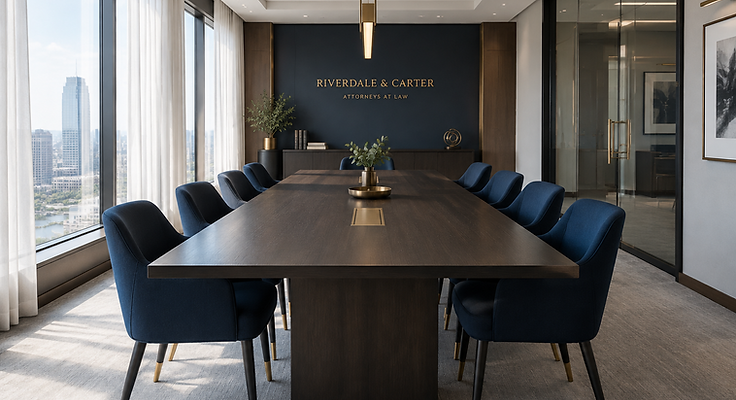 A meeting room at the firm's offices: a long table, navy chairs and daylight through tall windows
