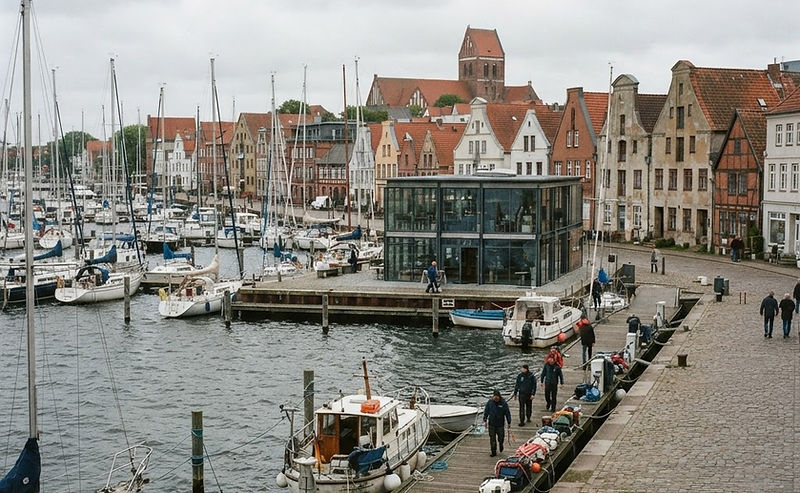 Gebäude mit großen Glasfronten am Hafen von Eckernförde