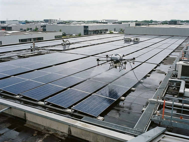 Reinigungsdrohne fliegt über eine große Photovoltaikanlage auf einem Gewerbedach