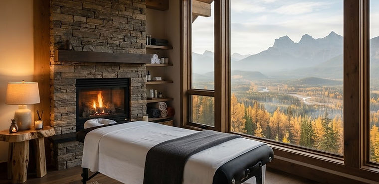 Massage table set up in front of a wood-burning fireplace, with the Three Sisters mountains visible through large windows
