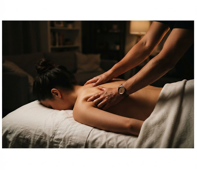 Registered massage therapist treating a client's back and shoulder at home