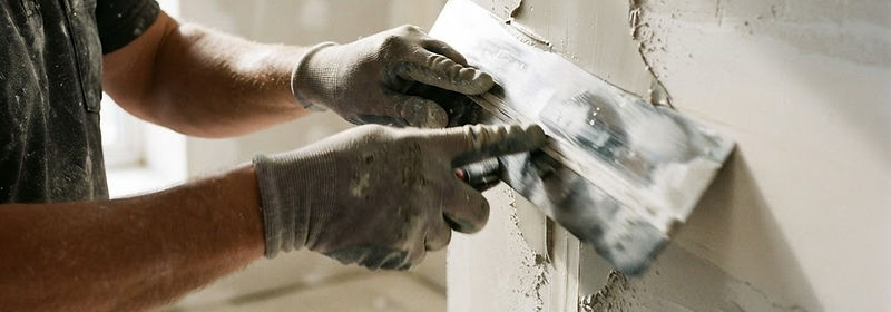 A taping knife feathering joint compound across a drywall seam