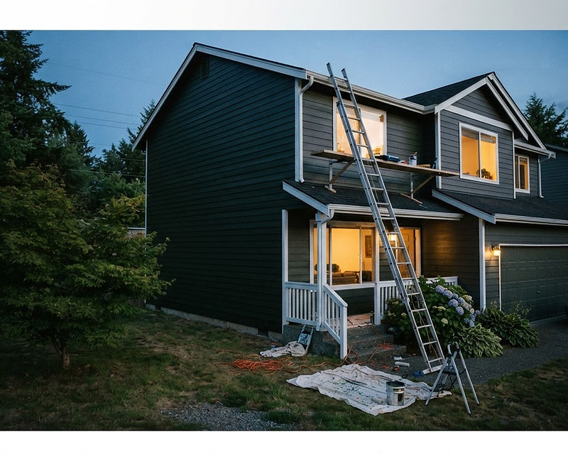 A freshly repainted house at dusk with warm light behind the windows