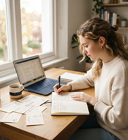 A student studying at a desk with flashcards and a laptop