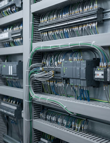 An immaculately organised automation panel with neat cable runs