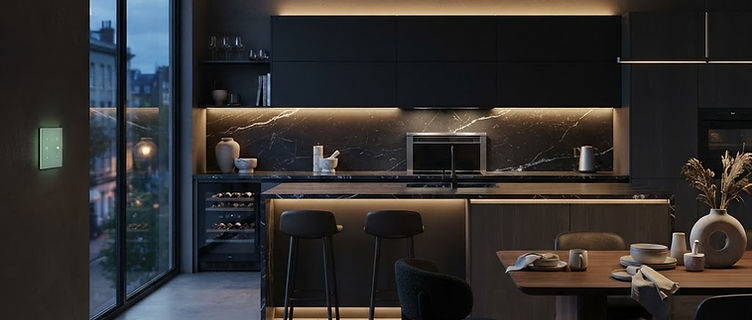 Evening light in a contemporary kitchen with concealed lighting control