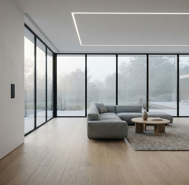 A minimalist smart home interior with discreetly integrated automation