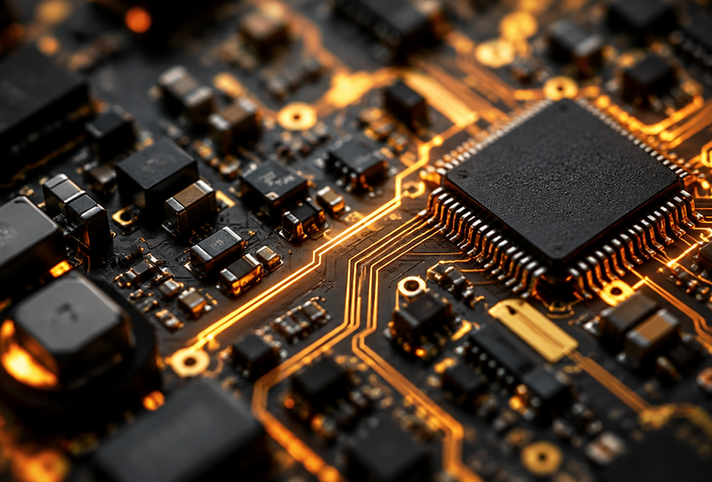 Close-up of illuminated traces on a circuit board