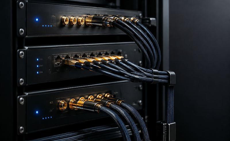 A neatly racked home automation system with labelled cabling