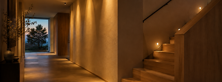 Warm, low lighting along a hallway and staircase