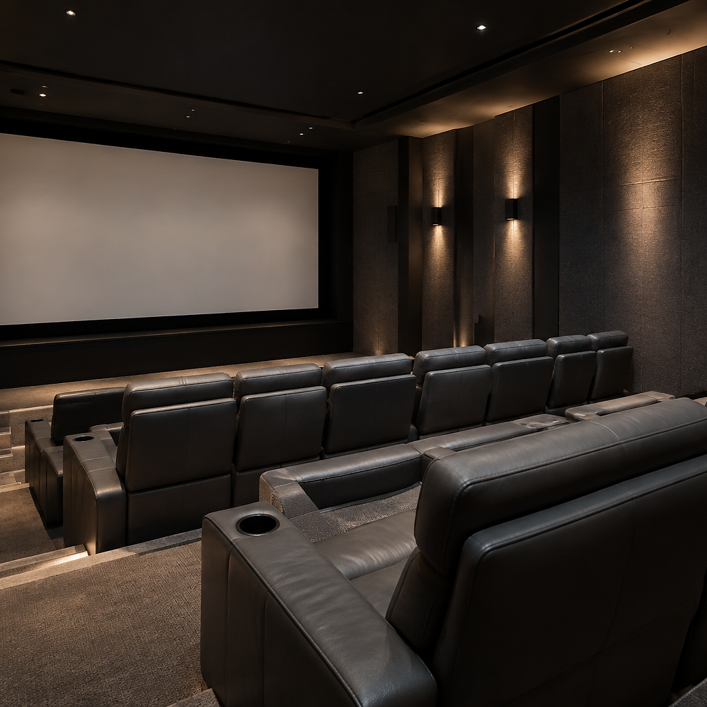 A private home cinema with tiered seating, lit low