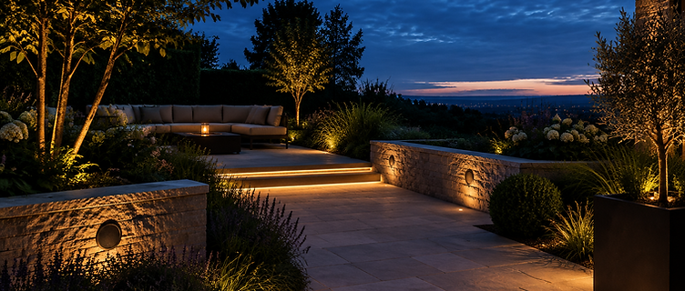 A garden terrace at dusk with integrated landscape lighting