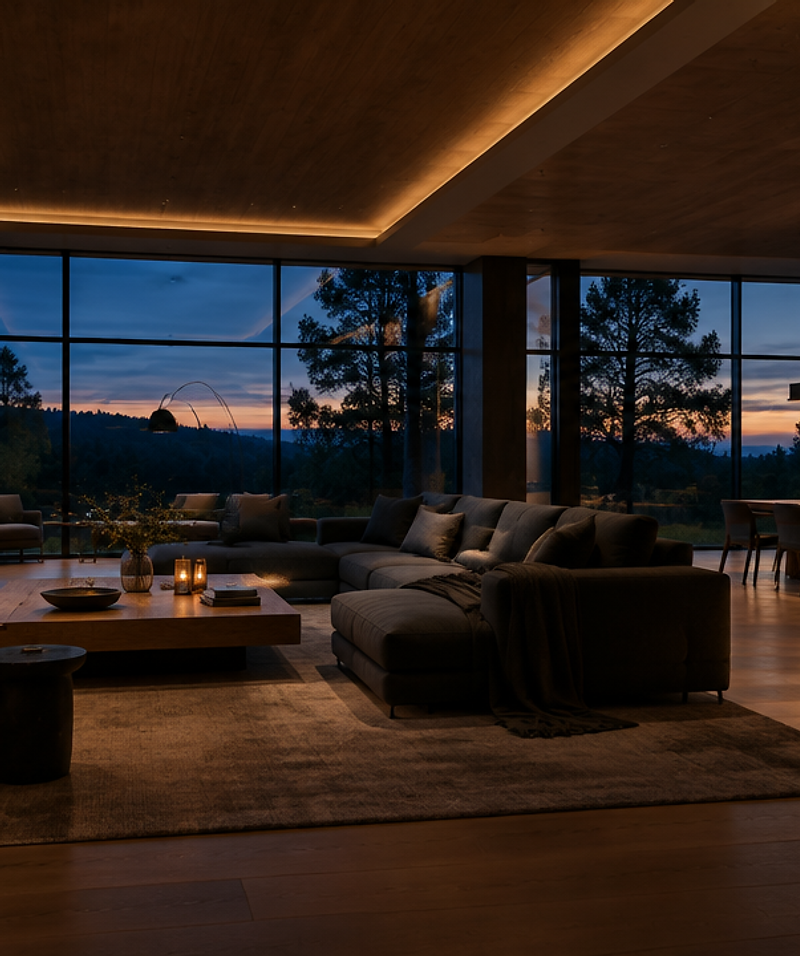 A calm, contemporary living room at dusk with discreet lighting and the technology out of sight