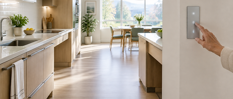 A hand reaching for a discreet wall control in a bright, accessible kitchen