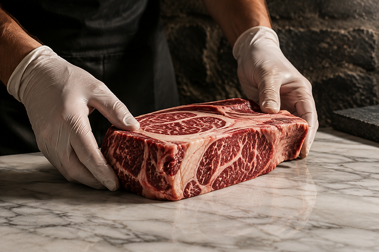 Butcher placing a prime cut of meat on a marble slab