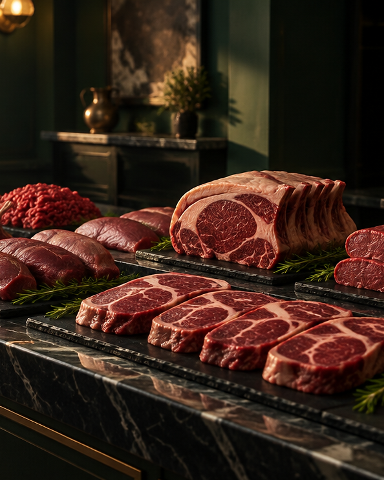 Halal butcher counter with fresh cuts of meat on marble