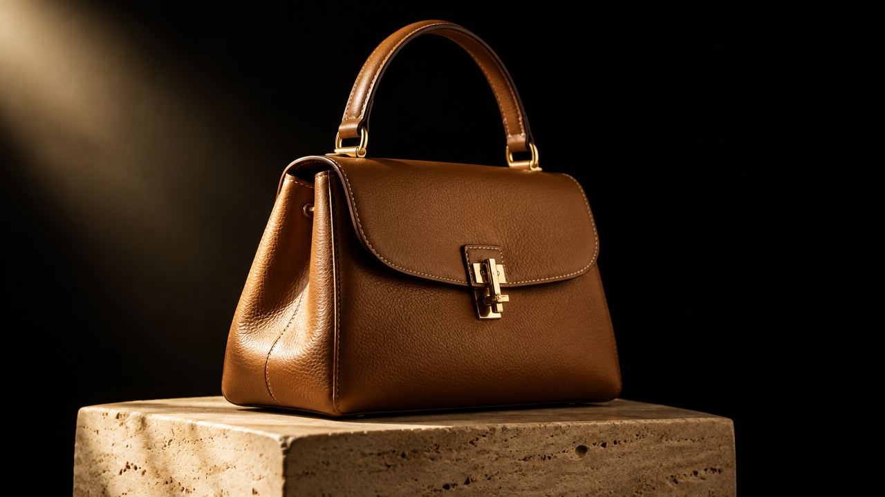 Cognac leather handbag on a stone pedestal in low light