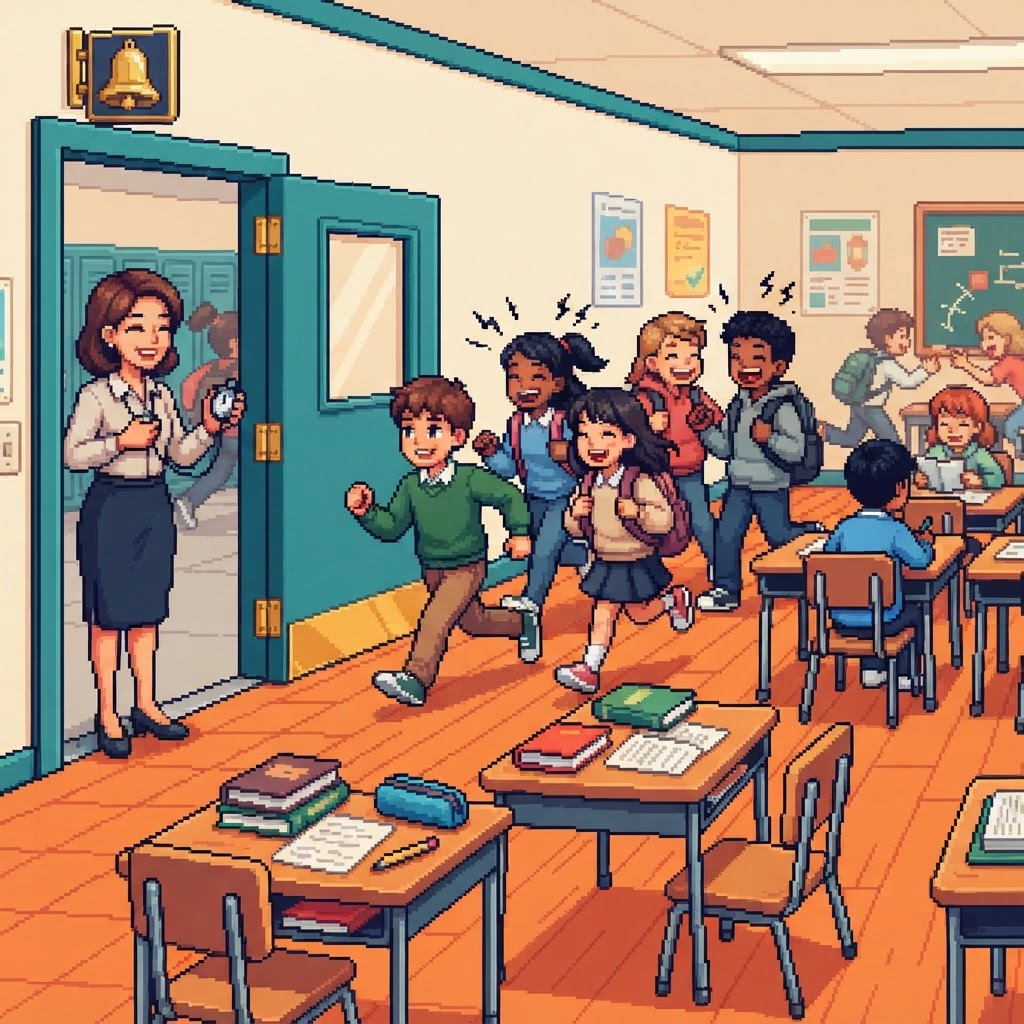 16-bit pixel art classroom entrance: a teacher stands by the door as students arrive loudly