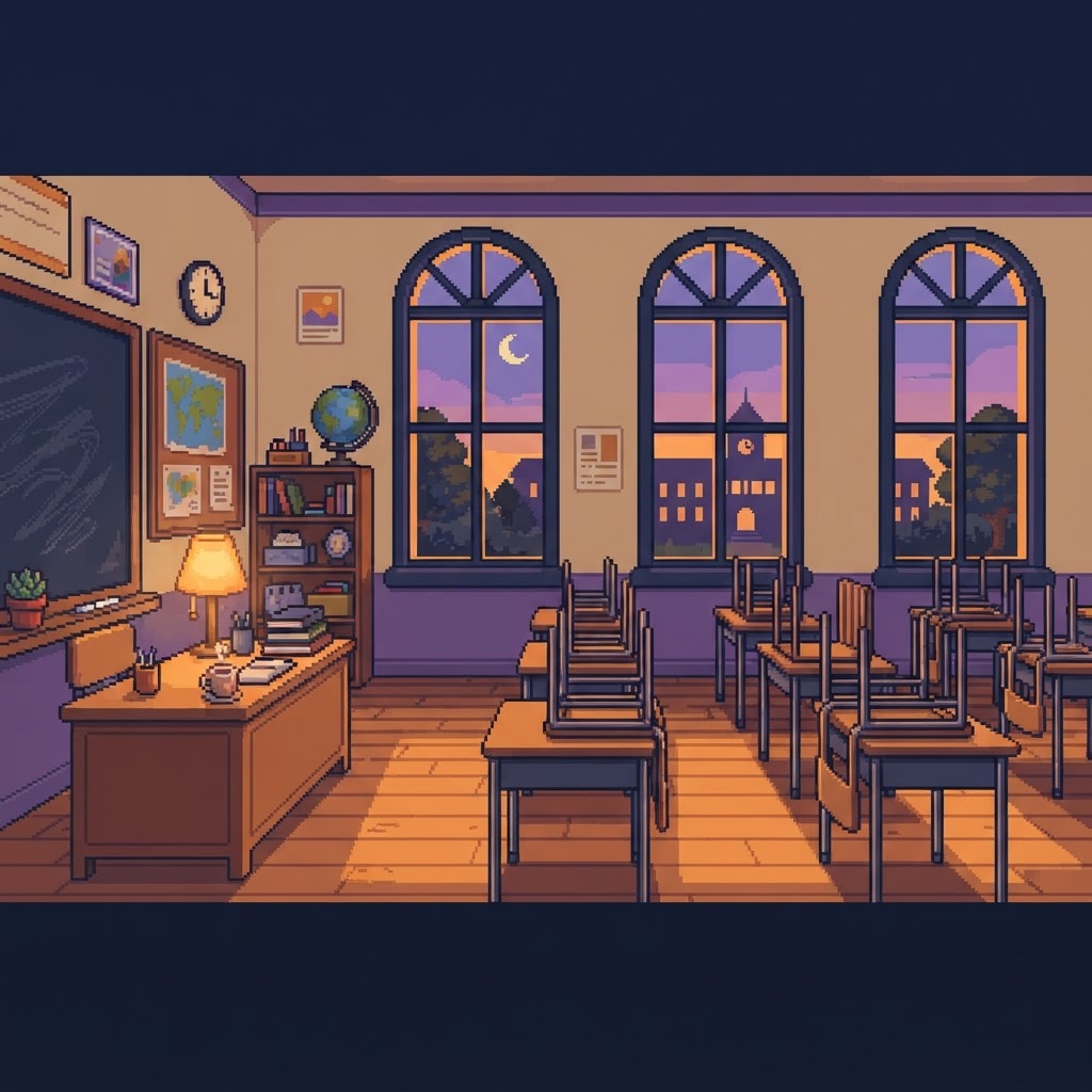 16-bit pixel-art scene of the Teacher Resilience world