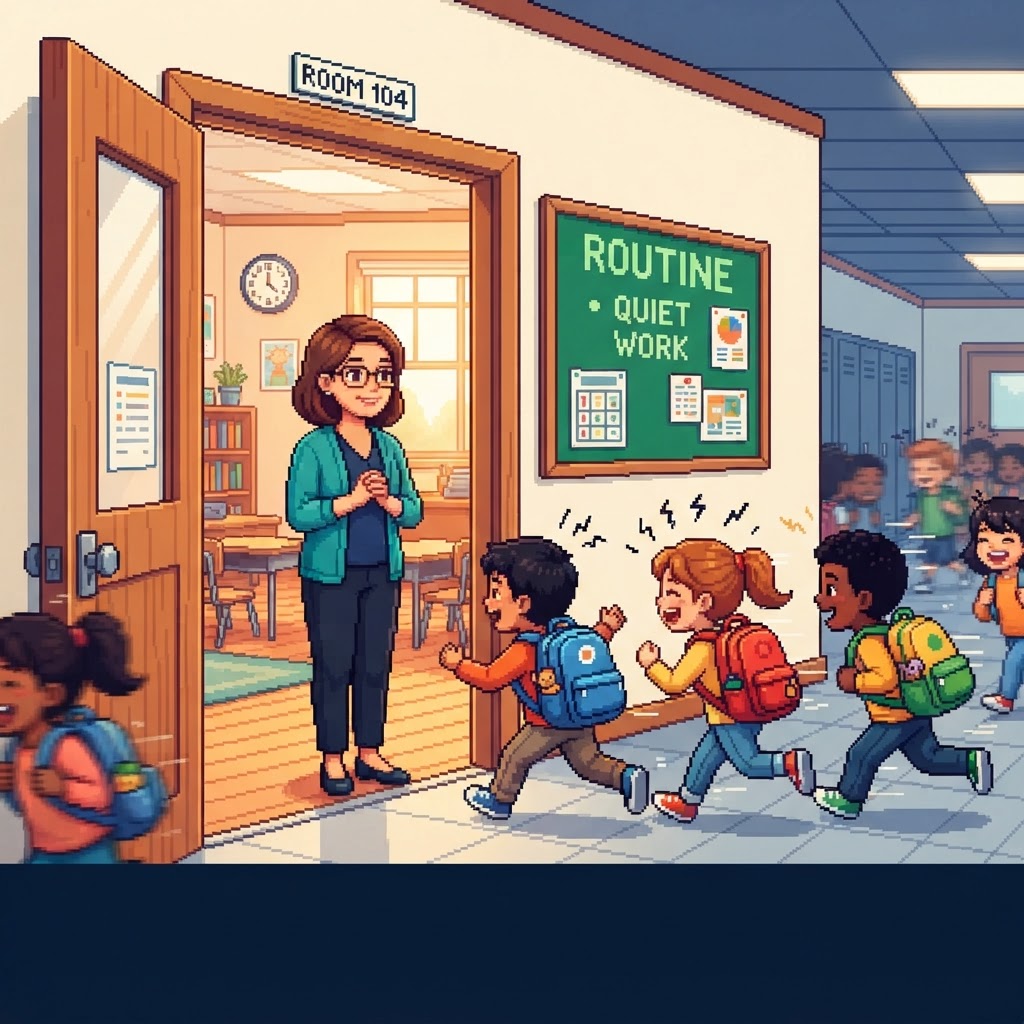16-bit pixel-art classroom scene: students streaming loudly through the classroom door while the teacher waits calmly inside