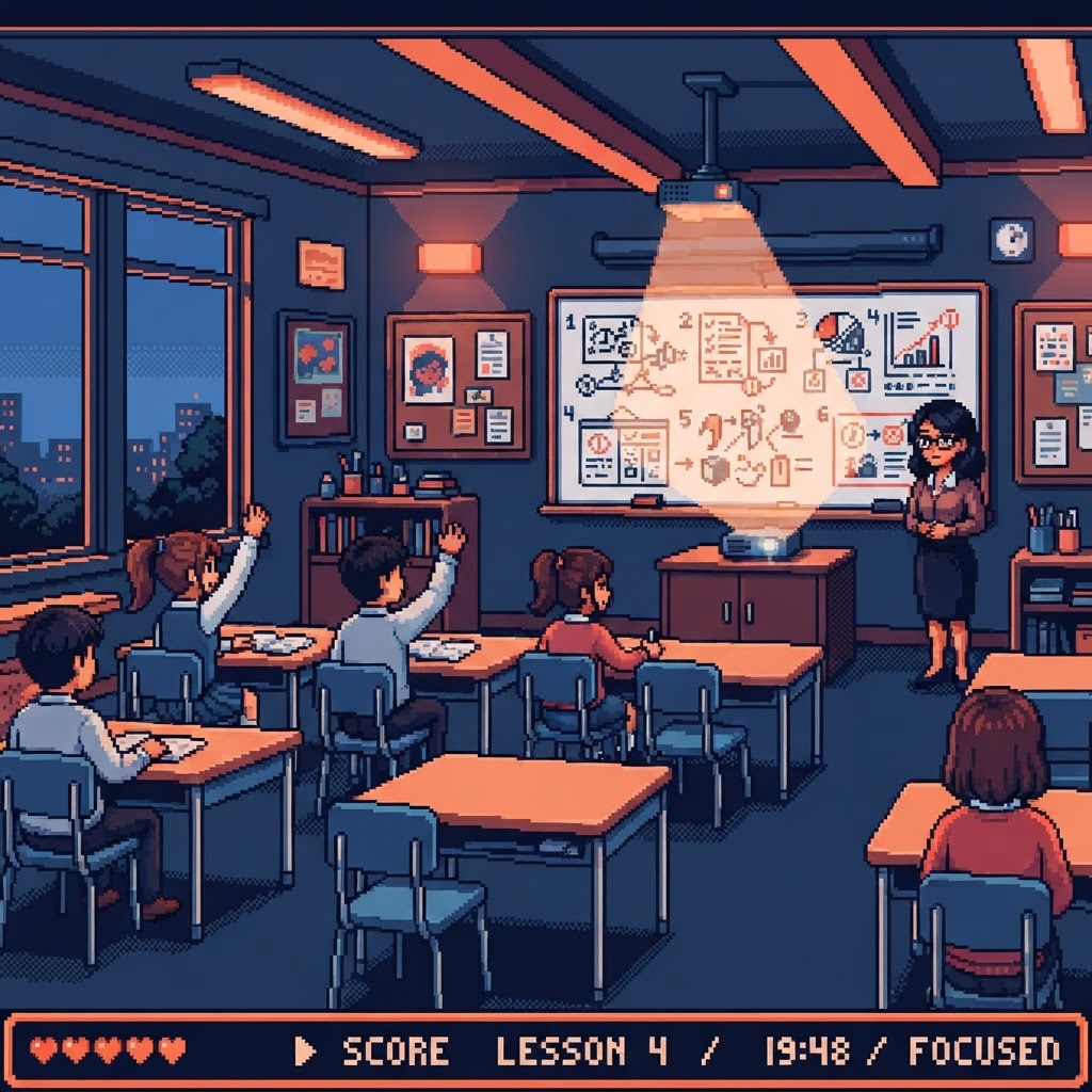 16-bit pixel-art scene of the Instruction Studio world