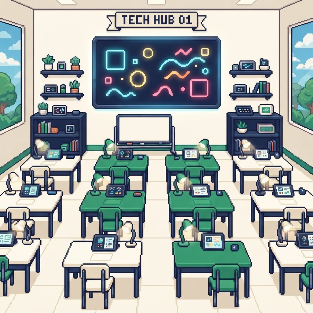 16-bit pixel-art scene of the AI-Ready Classroom world