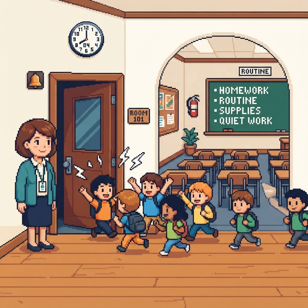 16-bit pixel art classroom entrance: a teacher stands by the door as students arrive loudly