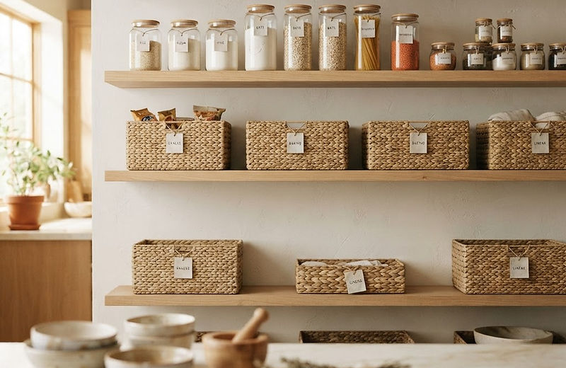 An organized pantry with glass canisters, woven baskets and open oak shelving