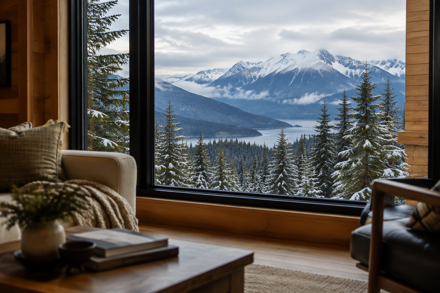 A view of the snow-dusted forest and Coast Mountains through the windows of a Pemberton home