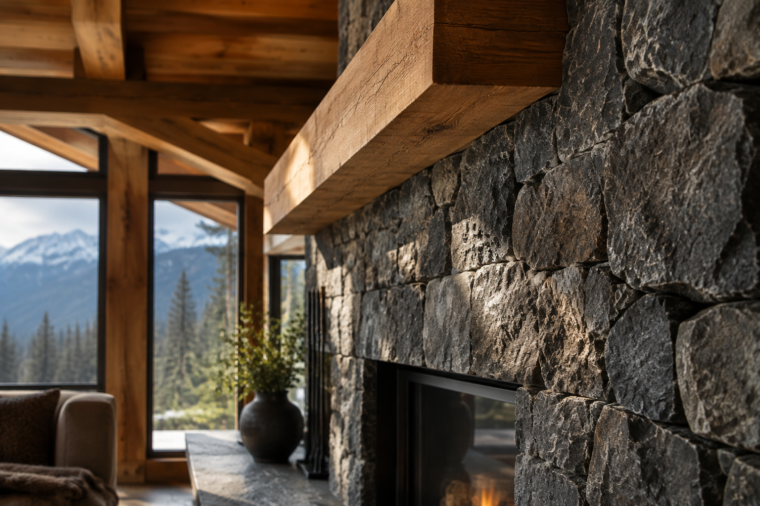 Basalt stone fireplace and cedar beams inside a Pemberton home
