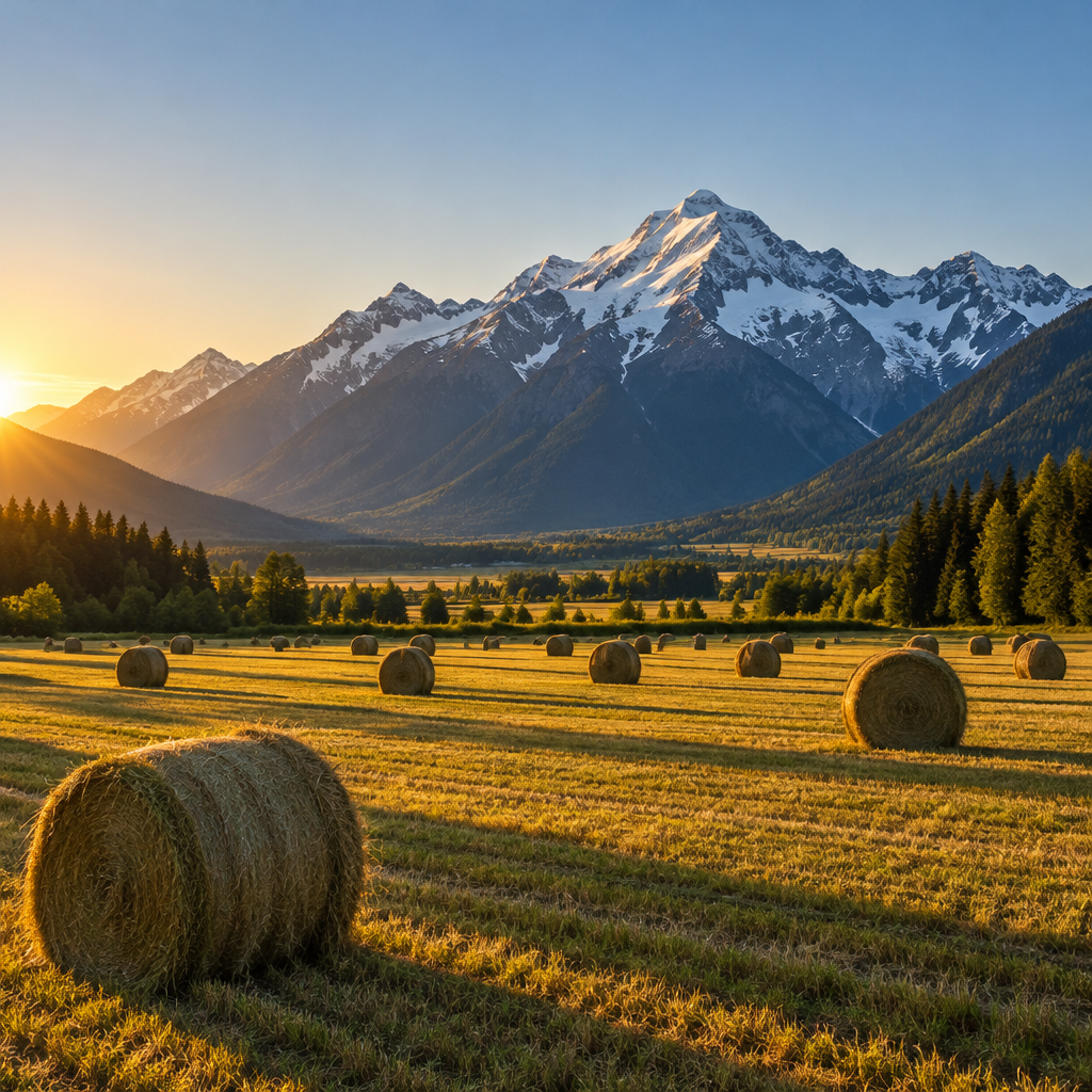 Hay bales in a sunlit field in the Pemberton Valley with the Coast Mountains rising behind