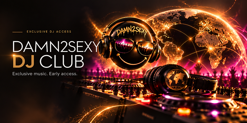 Damn2Sexy DJ Club — a glowing globe with a floating Mr. Big Bass smiley and a DJ mixer, offering exclusive DJ releases and a welcome package