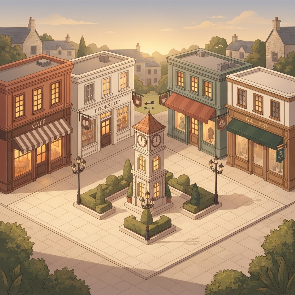 Illustrated village square with storefronts, a directory building, a town hall and a market walk