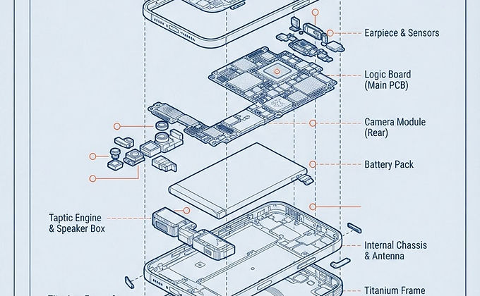 Exploded line drawing of a smartphone