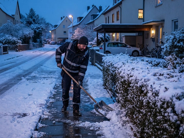 Räumen eines Gehwegs mit Schneeschaufel am frühen Wintermorgen
