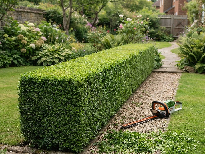 Präzise geschnittene Hainbuchenhecke mit klaren Kanten