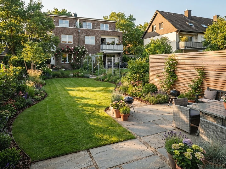 Neu gestalteter Reihenhausgarten mit Naturstein-Terrasse, Rollrasen und Staudenbeeten