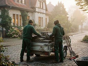 Gartenbauteam von Atabey beim Beladen des Anhängers am Morgen