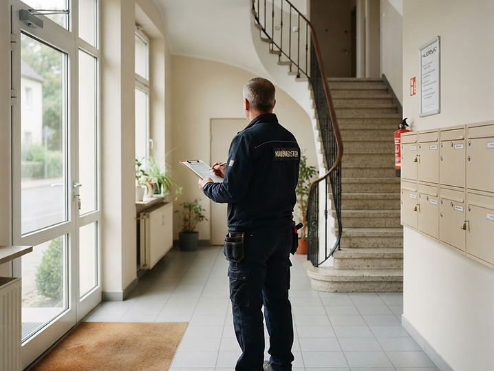 Hausmeister kontrolliert mit Klemmbrett den Eingangsbereich einer Wohnanlage