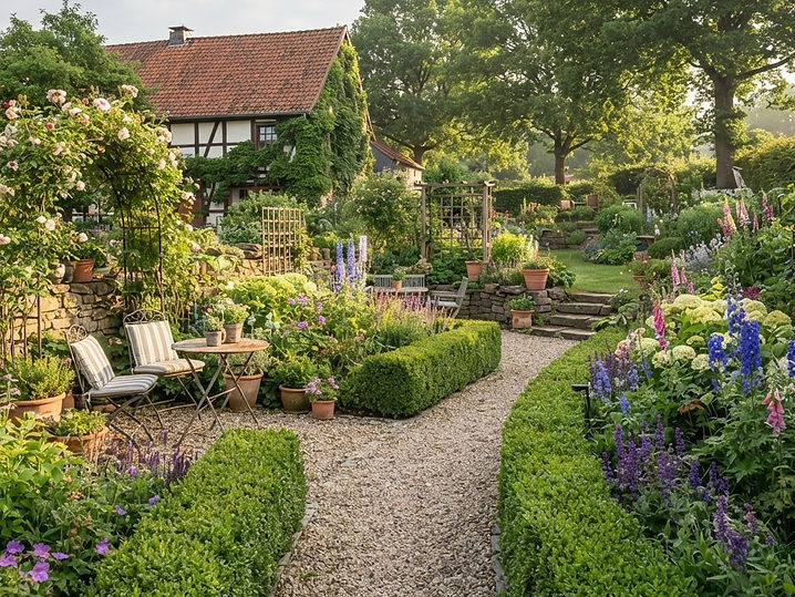 Fertiger Garten mit Kiesweg, Formschnitthecke und Staudenrabatte