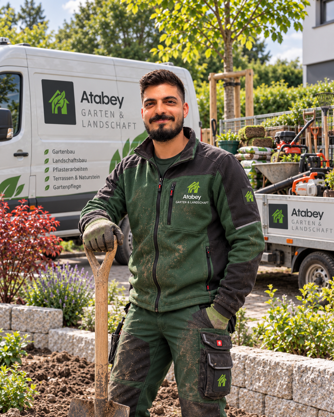 Enes Atabey, Inhaber von Atabey Garten- & Landschaftsbau, auf der Baustelle in Düsseldorf