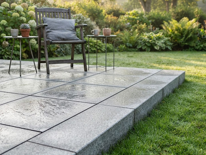Neu verlegte Naturstein-Terrasse mit exakten Fugen und Stufe zum Rasen