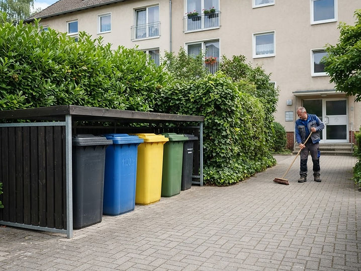 Gereinigter Müllplatz und gepflasterter Innenhof einer Wohnanlage