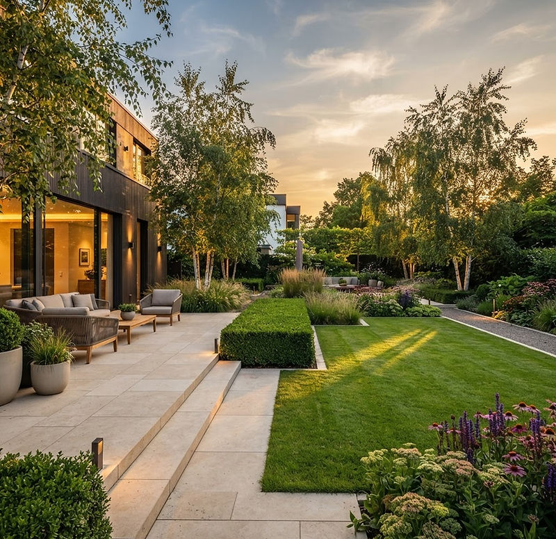 Fertig gestalteter Garten in Düsseldorf mit Naturstein-Terrasse und Gartenbeleuchtung