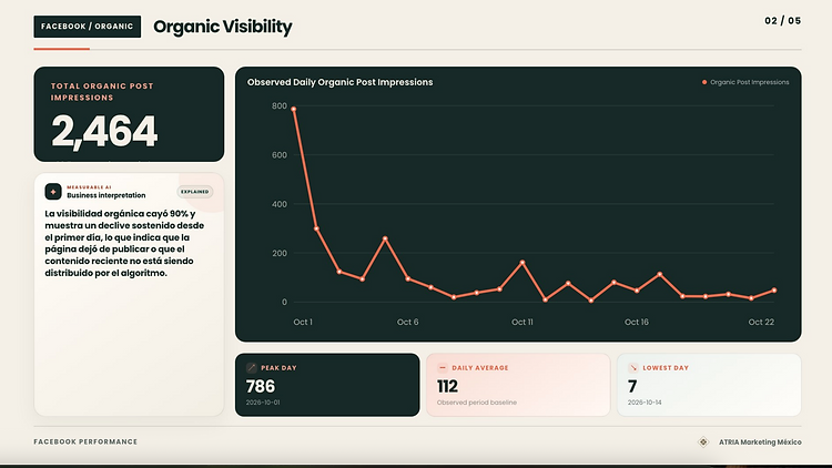 Facebook organic visibility report template with AI business interpretation