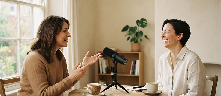 Two women in conversation across a small table, with a microphone between them
