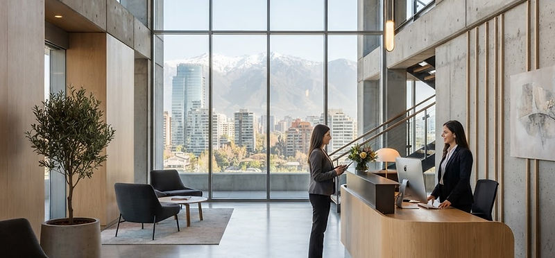 Hall de recepción de una oficina corporativa en Santiago