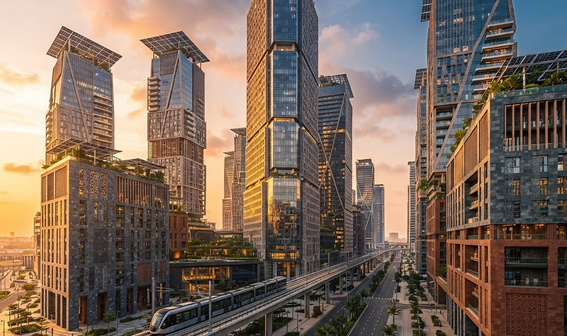 Smart city district in Africa at golden hour